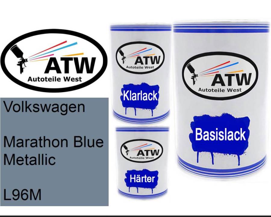 Volkswagen, Marathon Blue Metallic, L96M: 500ml Lackdose + 500ml Klarlack + 250ml Härter - Set, von ATW Autoteile West.